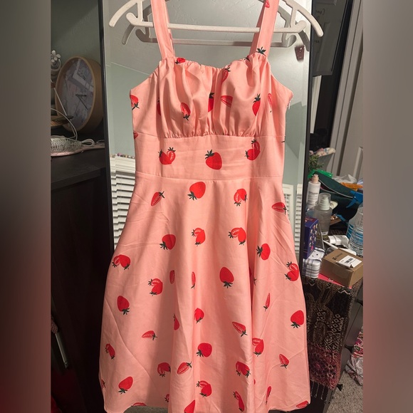 NWT Belle Poque Strawberry Print Pink Swing Midi A Line Dress - Picture 2 of 12